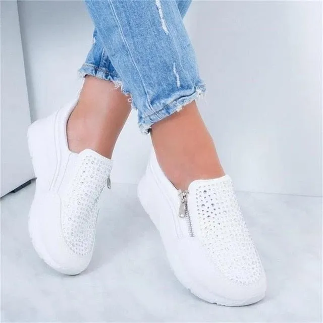 Women Crystal Sneakers Spring Autumn Casual Zipper Flat Shoes women Non-slip Breathable Outdoor Vulcanized Shoes woman