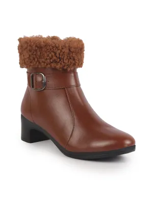 Women Tan Flared Heel High Ankle Classic Winter Buckle Strap Side Zipper Fur Boots|Work Boot|Western Dress Boots