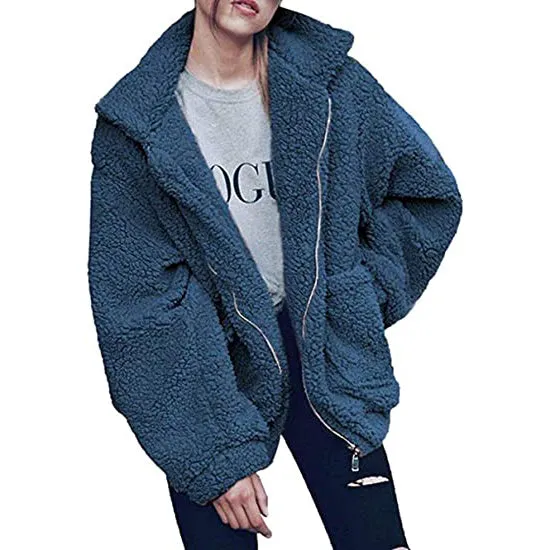 Women's Casual Lapel Fleece Fuzzy Faux Shearling Zipper Coat