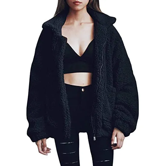 Women's Casual Lapel Fleece Fuzzy Faux Shearling Zipper Coat