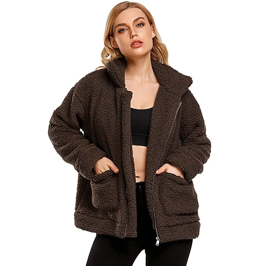 Women's Casual Lapel Fleece Fuzzy Faux Shearling Zipper Coat