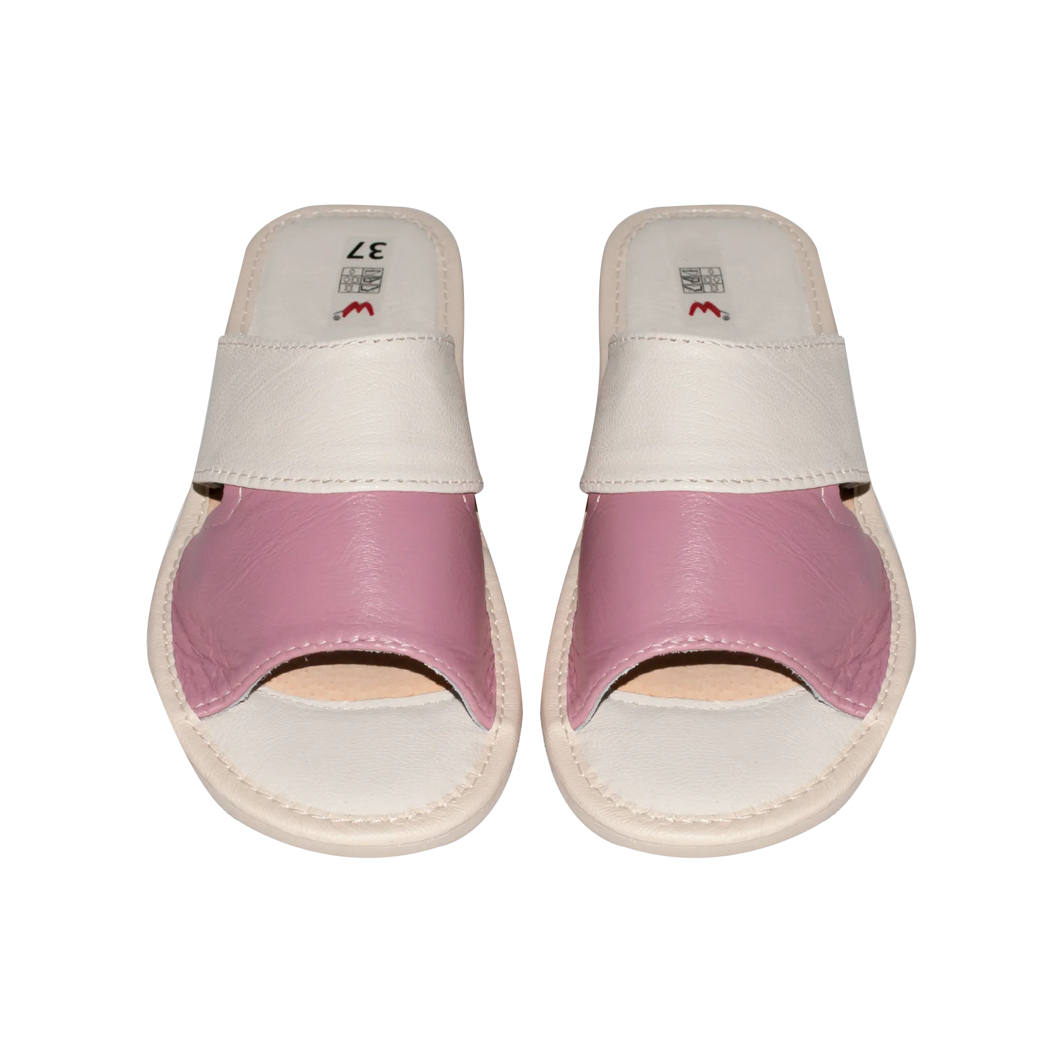 Women's White and Pink Leather Open Toe Slippers | WU-14