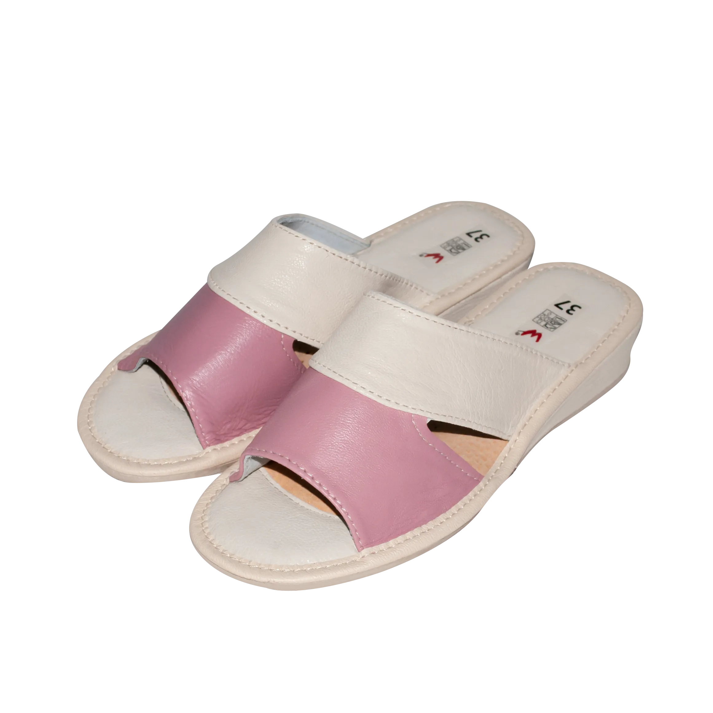 Women's White and Pink Leather Open Toe Slippers | WU-14