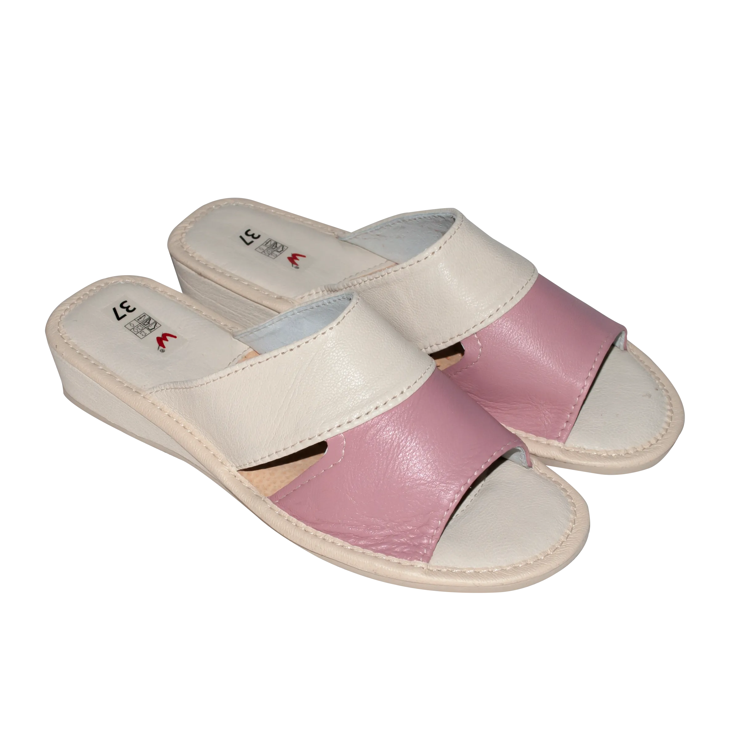Women's White and Pink Leather Open Toe Slippers | WU-14
