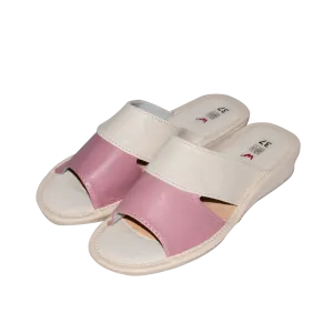 Women's White and Pink Leather Open Toe Slippers | WU-14
